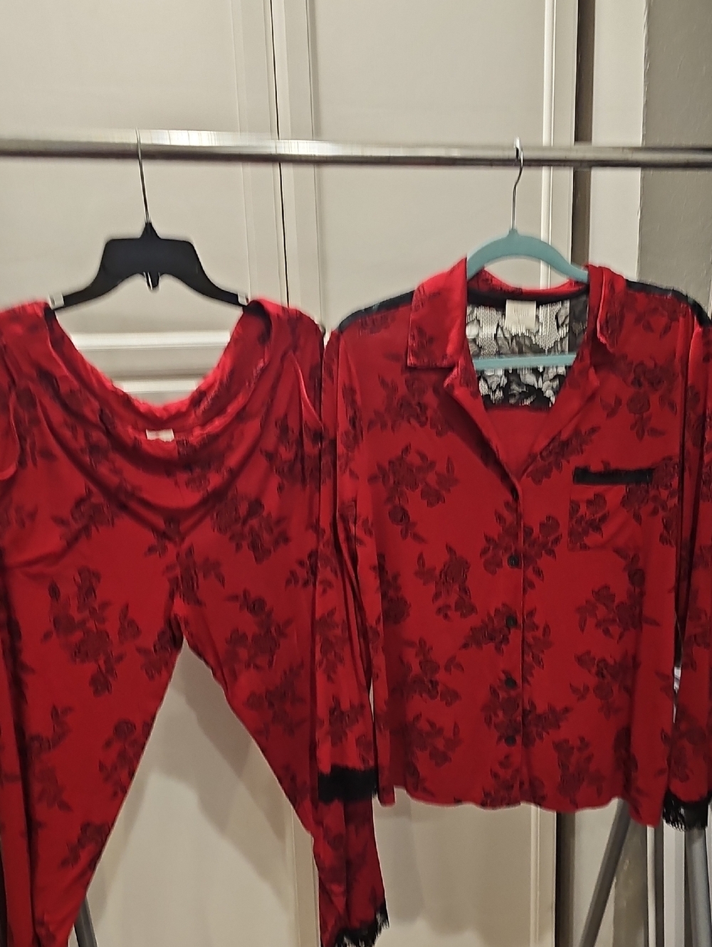 Soma Red Floral Satin Pajama Set with Black Lace Trim